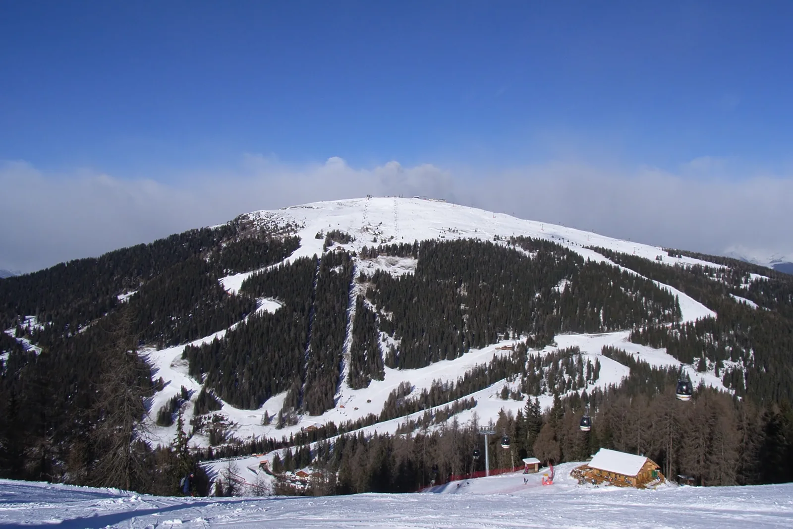 Versante meridionale innevato di Plan de Corones con piste fra i boschi